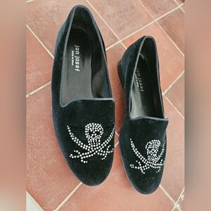 Jon Josef Black Velvet Sparkle Jolly Roger Skull Pirate Loafers Womens Size 8.5
